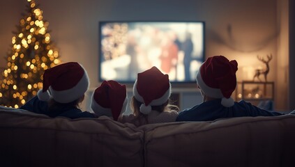 Christmas movie night family watching tv holiday season home celebration santa hats together