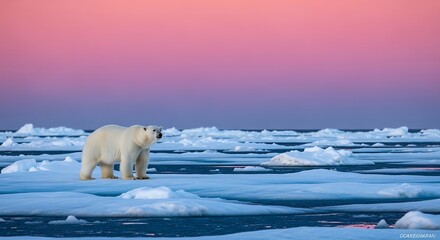 Majestic polar bear standing on arctic ice floes under a colorful sunset sky