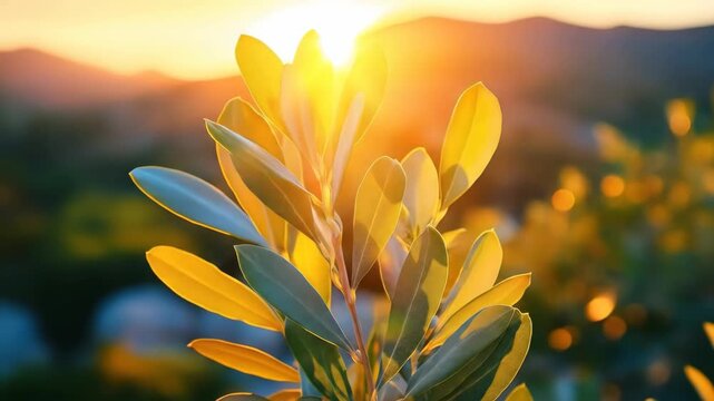 Plant with lanceolate leaves shines in warm golden sunset light