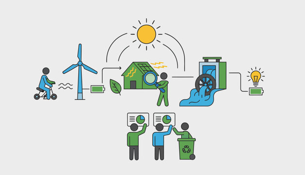 An interactive exhibit at an ecopark where visitors can explore renewable energy sources through engaging displays and activities fostering a sense of sustainability.