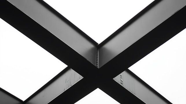 Abstract architectural shot of crossing steel beams against a bright background, highlighting the interplay of shadows and light. Monochromatic, modern design. - Powered by Adobe