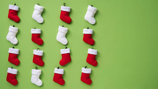 Charming illustration of a cheerful Santa Claus peeking into the frame with a large red sack of presents, on a neutral background with copy space for holiday greetings