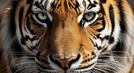Intense close up of a majestic tiger face with striking eyes and detailed fur