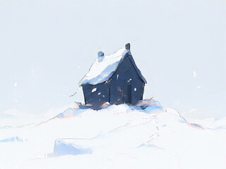 A black mountain hut standing alone in a white snowy field