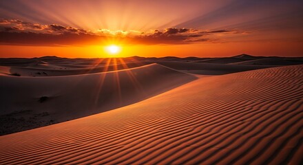 Golden sunset over vast desert landscape with rolling sand dunes and warm light