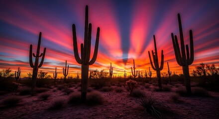 Saguaro cacti stand silhouetted against a vibrant sunset in the Arizona desert