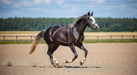 Majestic dark horse galloping freely across the sandy field on a sunny day outdoors