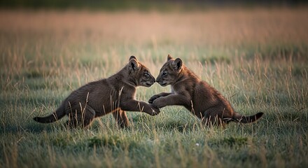 Two lion cubs playfully interacting in a grassy field during golden hour sunlight