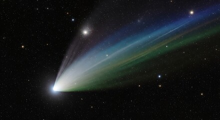 Bright comet streaks across the starry night sky with a colorful tail display