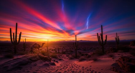 Camel stands peacefully as lightning strikes during a vibrant desert sunset