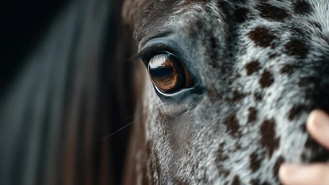 Close-up of speckled horse eye in low light. Equine sensitivity and strength concept.