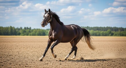 Dark brown horse galloping across a dry field under a bright blue summer sky