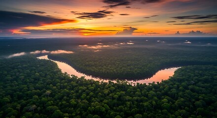Amazon rainforest river winding through lush green jungle at colorful sunrise