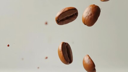 Roasted coffee beans and small red droplets floating against a plain background