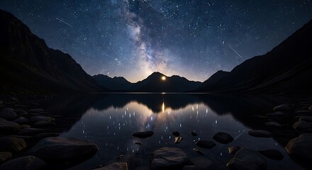 Milky way reflecting over calm lake surrounded by mountains at nighttime scene