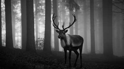 Majestic reindeer with large antlers stands in a foggy forest a black and white wildlife scene perfect for nature and animal themes