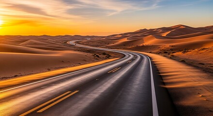 Desert highway stretches into the distance under a vibrant sunset sky view