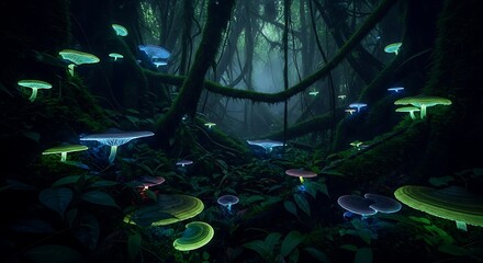 Bioluminescent mushrooms glow in a dark enchanted forest at night creating magic
