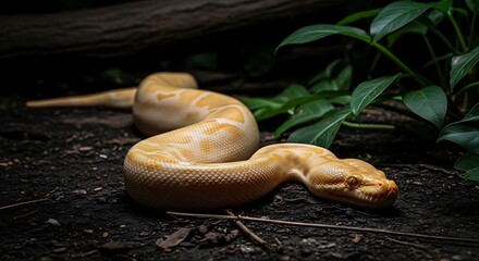 Albino reticulated python slithers through the undergrowth in a tropical habitat