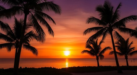 Silhouetted palm trees frame a vibrant tropical sunset over the ocean horizon