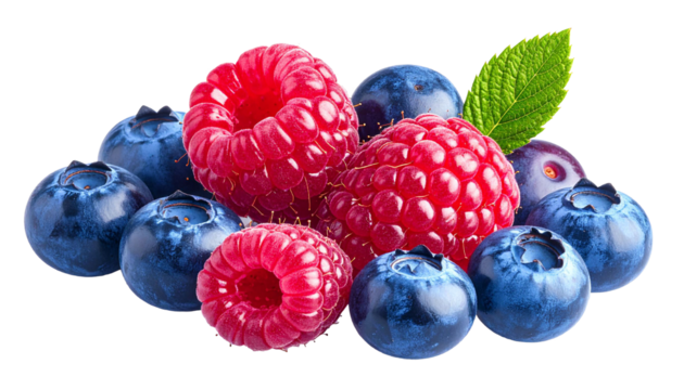 Blueberries and raspberries with mint leaf transparent background