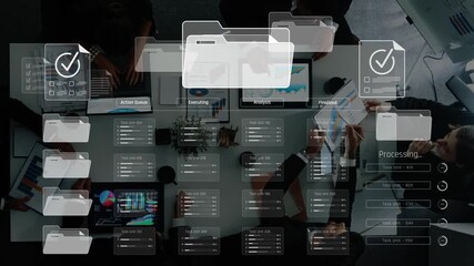 A modern office scene displaying a collaborative project management environment with task tracking, analysis, and data presentation, highlighting teamwork and efficiency. Raster