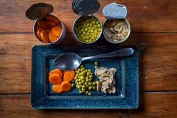 Servings of canned vegetables on a plate as a concept for National Canned Food Day.