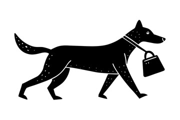 Stylized black dog carrying a purse silhouette isolated on white background