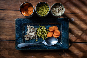Servings of canned vegetables on a plate as a concept for National Canned Food Day.