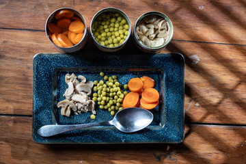 Servings of canned vegetables on a plate as a concept for National Canned Food Day.