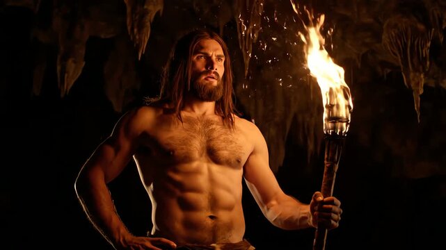 Man holds lit torch in dark cave illuminated by firelight
