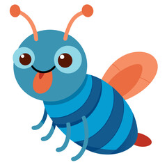 Cute blue cartoon insect with orange wings and antennae silhouette isolated on white background