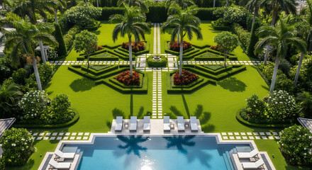 Luxury resort aerial view featuring a pool, palm trees, and meticulously manicured gardens. Ideal for travel brochures, real estate marketing, and lifestyle design.