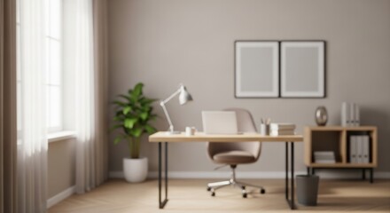 Fototapeta premium Blurred modern home office interior with desk chair and plant.