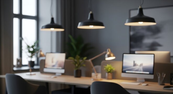 Blurred modern office interior with desks computers and hanging lamps. - Powered by Adobe