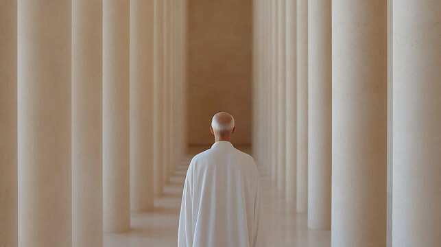 A solitary figure clad in white walks towards the light, framed by an endless array of architectural pillars, creating a serene, symmetrical corridor of light and shadow.