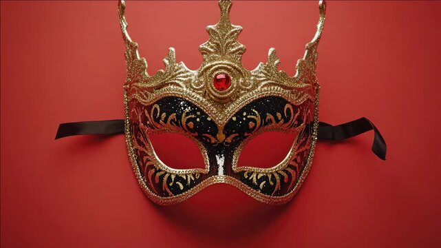 Luxurious masquerade mask with red gem in center, gold trim and black ribbon ties.