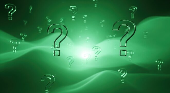 Glass question marks float in a glowing green abstract environment - Powered by Adobe