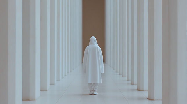 A lone figure cloaked in white, walks along a hallway of white pillars. The monochrome palette accentuates the symmetry, creating a sense of sterile purity and mystery.