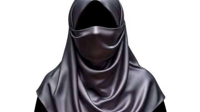 A drawing animation reveals a woman wearing a traditional niqab and hijab. The elegant black fabric drapes gracefully, symbolizing modesty and faith.