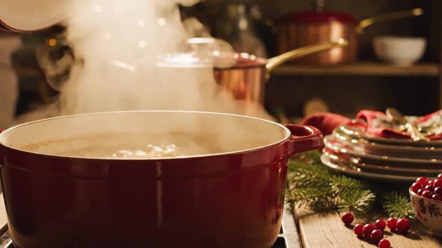 Close up of a steaming red cooking pot with other kitchenware on a wooden surface
