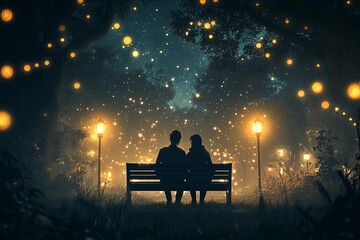 Couple sitting on bench in city park
