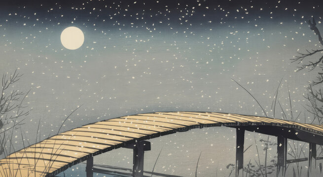 Japanese woodblock print of a bridge in winter with snow falling and a full moon evoking a serene and traditional atmosphere