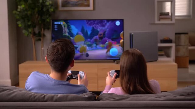 Two young people playing co‑op console video game on living room TV, sitting on a sofa with wireless controllers, home entertainment and bonding, weekend leisure gaming session