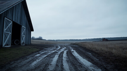 Obraz premium A weathered barn stands adjacent to a muddy track on a farm, under a heavy, overcast sky. The rustic scene evokes a sense of rural life and weather-worn beauty.