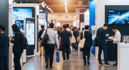 Fototapeta premium Blurred crowd of professionals walking through a brightly lit exhibition hall.