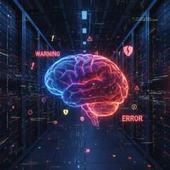Glowing digital brain with warning signs and glitch effects. Represents AI malfunction, cyber attack, or neural network instability
