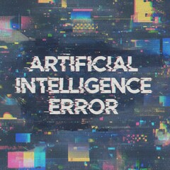 Abstract digital background with glitch effect and text “Artificial Intelligence Error”