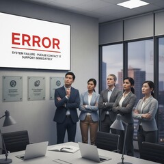 Business team in office looking at “ERROR” message on screen. Symbol of corporate issue, data loss, or IT failure.