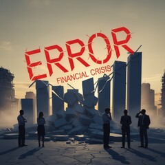 Red “ERROR – Financial Crisis” text over modern city skyline. Symbol of economic crash, market failure, or technology impact on finance.